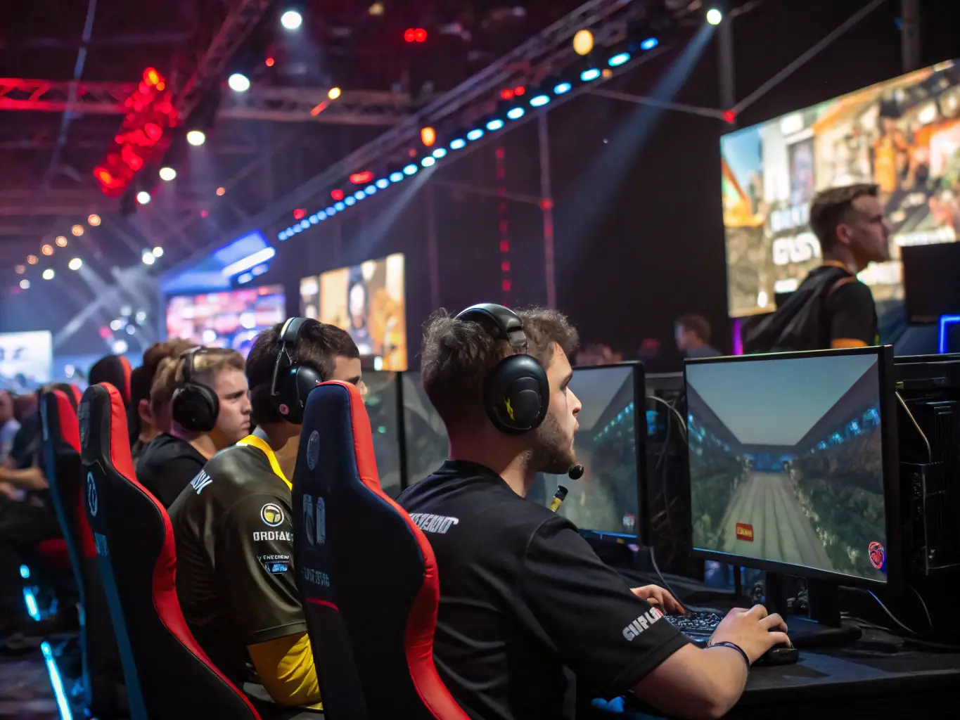 An action-packed image of a DELTA-LAN gaming tournament, featuring players intensely competing on stage, with spectators cheering them on, highlighting the competitive spirit and excitement of the event.