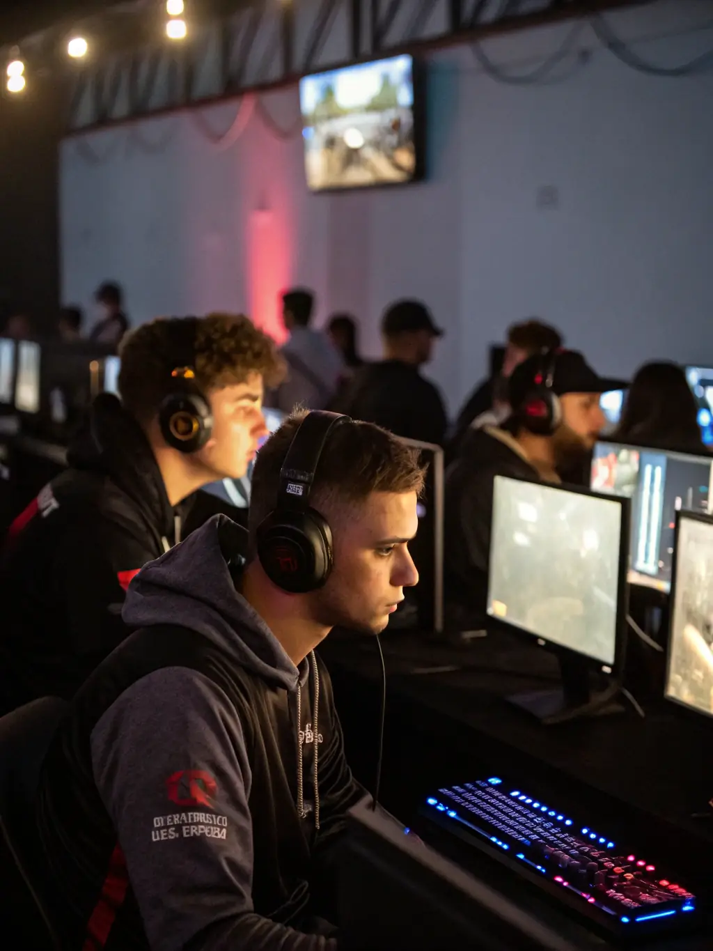 A dynamic image of a group of gamers intensely focused on their screens during a DELTA-LAN gaming session, showcasing the competitive spirit and camaraderie.